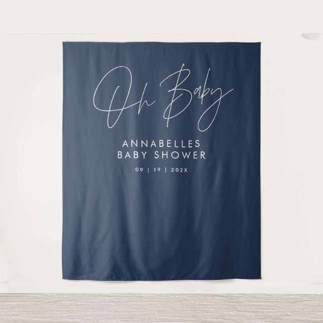 Baby shower script modern navy blue elegant tapestry (Front)