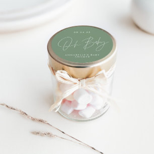 Baby shower script modern sage green elegant  classic round sticker