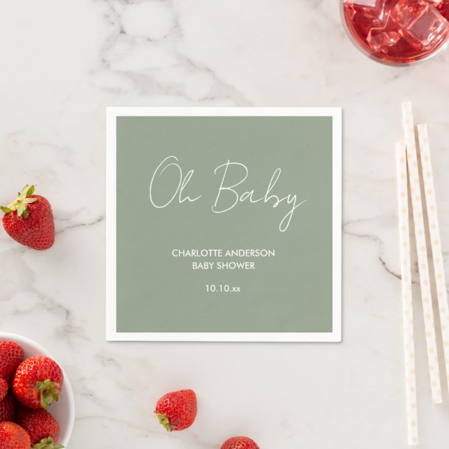 Baby shower script modern sage green elegant napkin (Insitu)