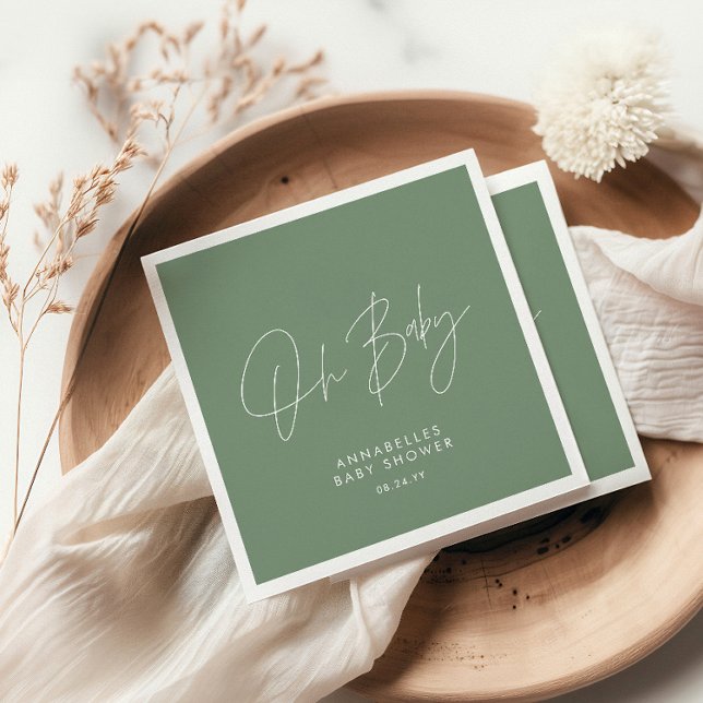 Baby shower script modern sage green elegant  napkin (Creator Uploaded)