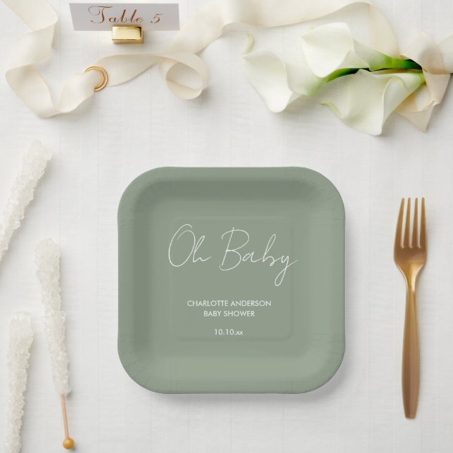 Baby shower script modern sage green elegant paper plate (Wedding)