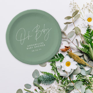 Baby shower script modern sage green elegant  paper plate