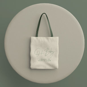Baby shower script modern sage green elegant tote bag