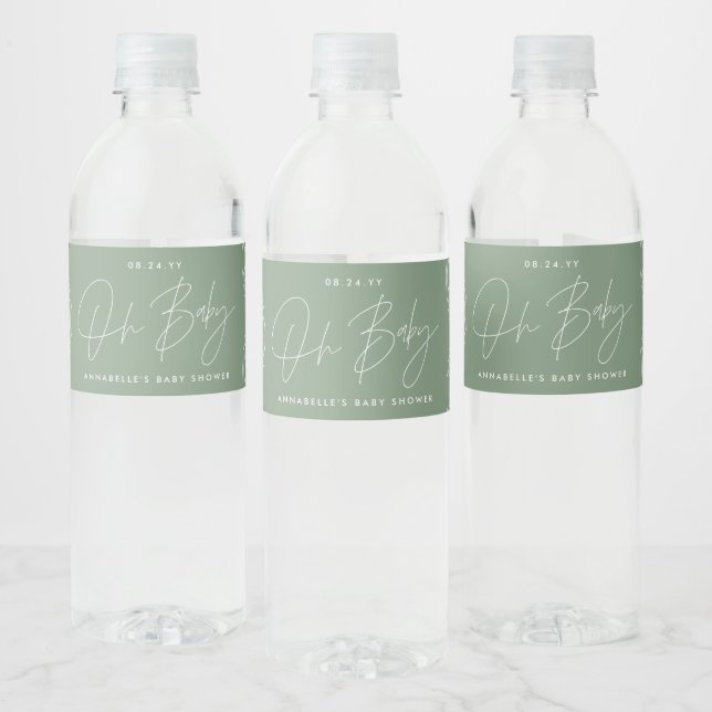 Baby shower script modern sage green elegant water bottle label (Bottles)
