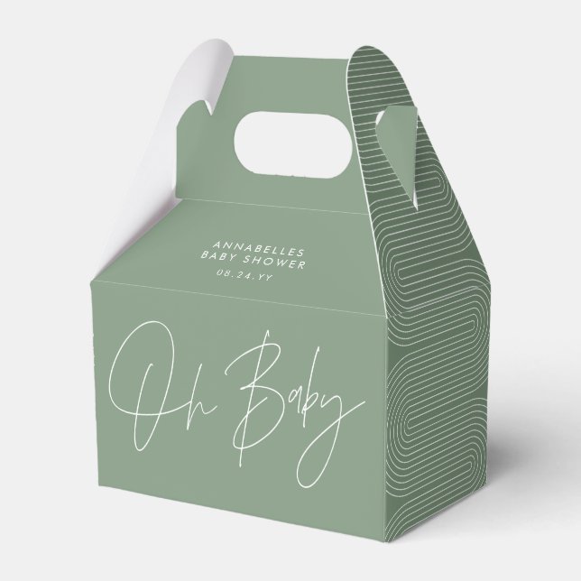 Baby shower script modern sage green geometric favour box (Front Side)