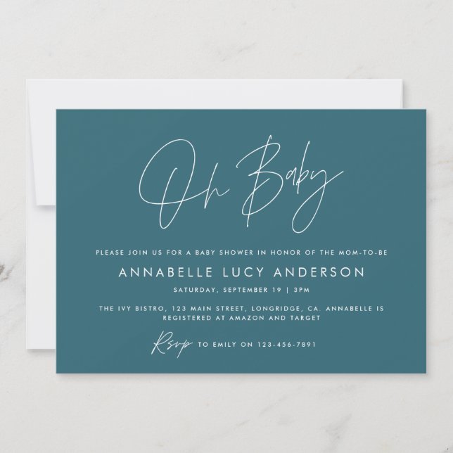 Baby shower script modern teal blue boho photo invitation (Front)