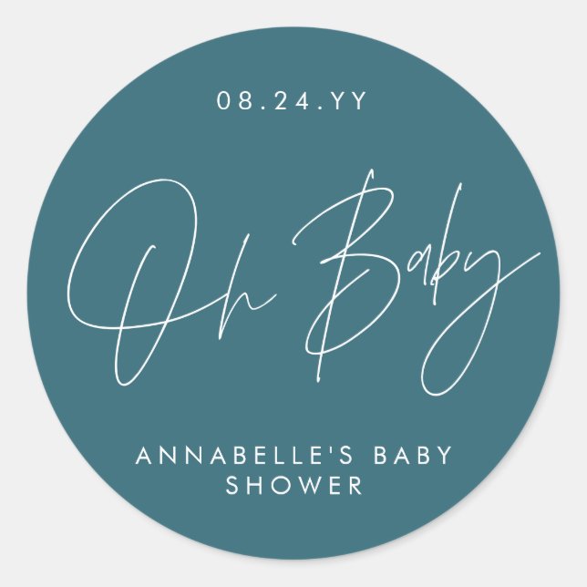 Baby shower script modern teal blue elegant classic round sticker (Front)
