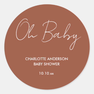 Baby shower script modern terracotta brown elegant classic round sticker