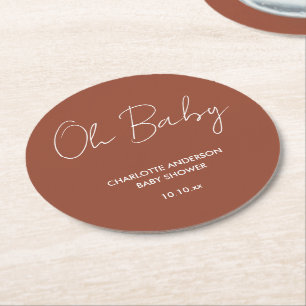 Baby shower script modern terracotta brown elegant round paper coaster