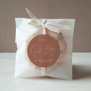 Baby shower script modern terracotta elegant classic round sticker