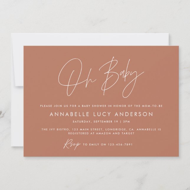 Baby shower script modern terracotta elegant photo invitation (Front)