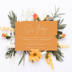 Baby shower script modern vibrant orange boho invitation