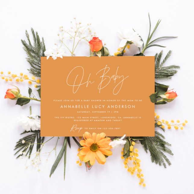 Baby shower script modern vibrant orange boho invitation (Creator Uploaded)