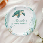 Baby Shower Sea Turtle Watercolor  Paper Plate<br><div class="desc">Set sail into a whimsical ocean adventure with our Watercolor Whale Under the Sea Paper Plates. Featuring a serene watercolor illustration of a playful whale swimming through soft ocean waves, surrounded by gentle sea creatures like starfish, seahorses, and coral, these plates bring a touch of nautical elegance to your baby...</div>