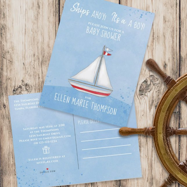 Baby Shower Ship Ahoy It's a Boy Gift Registry  Invitation Postcard (Creator Uploaded)