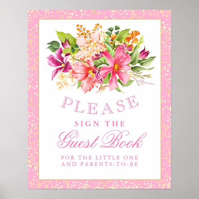 Baby Shower Sign Guest Book Flowers Bouquet Pink (Front)