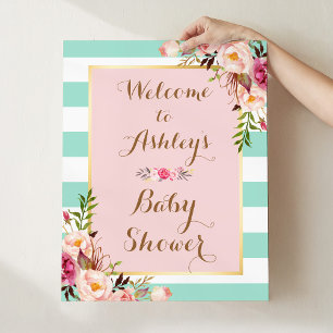 Baby Shower Sign Pink Floral Mint Green Stripes