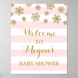 Baby Shower Sign Pink Stripes Gold Snow