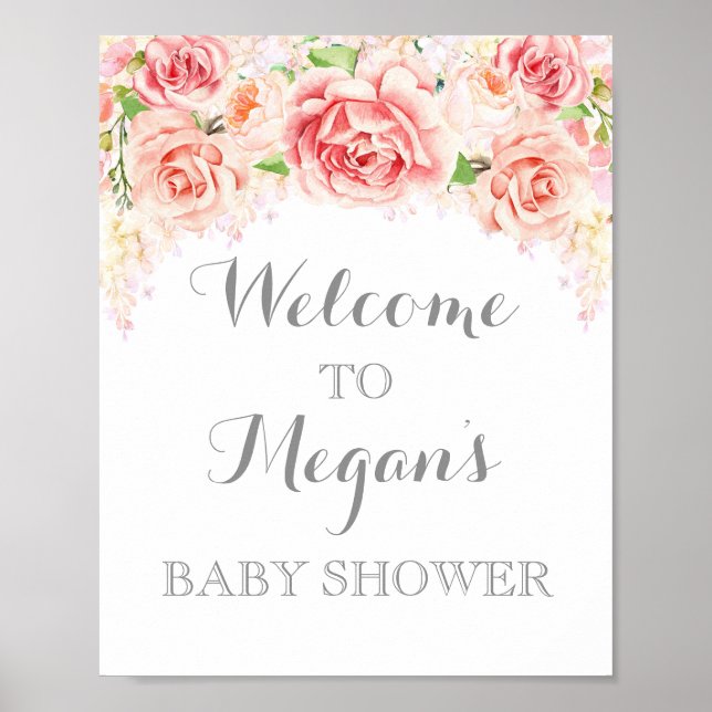 Baby Shower Sign Pink Watercolor Flowers (Front)