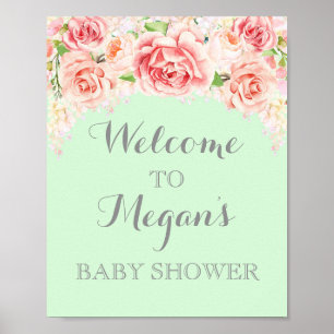 Baby Shower Sign Pink Watercolor Flowers Mint