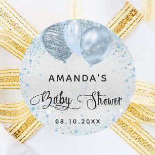 Baby shower silver blue glitter balloons  classic round sticker