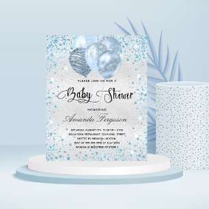 Baby shower silver blue glitter budget invitation flyer