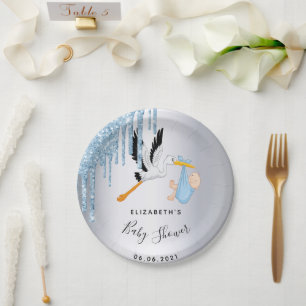 Baby shower silver blue stork boy paper plate