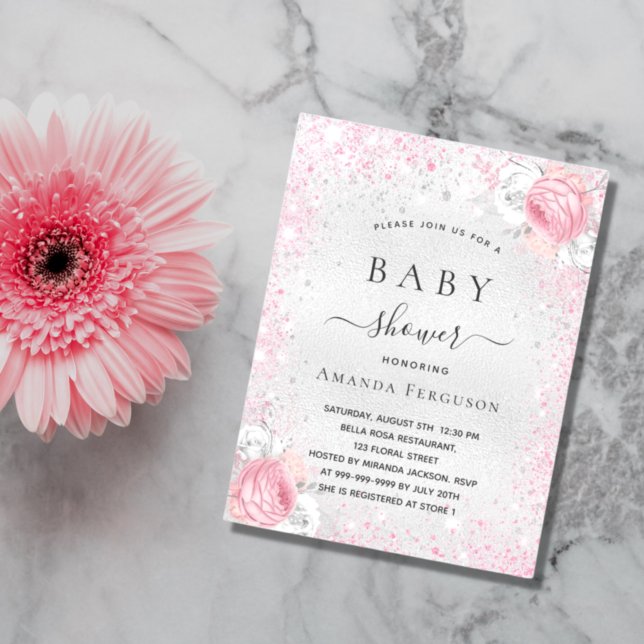 Baby shower silver glitter pink girl floral invitation (Creator Uploaded)