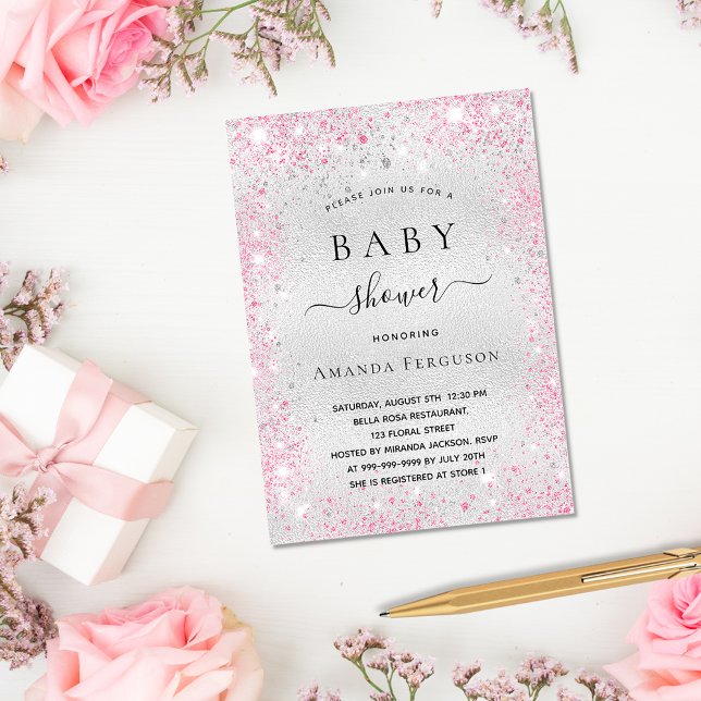 Baby shower silver glitter pink girl luxury invitation (Creator Uploaded)