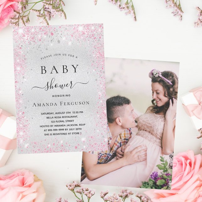 Baby shower silver glitter pink girl photo invitation (Creator Uploaded)