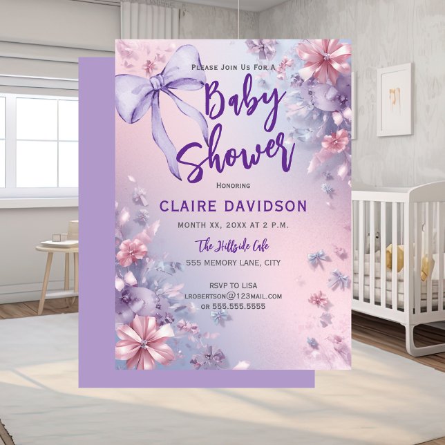 Baby Shower Soft Purple Pink and Blue Bows Invitation (Baby Shower Soft Purple Pink and Blue Bows)