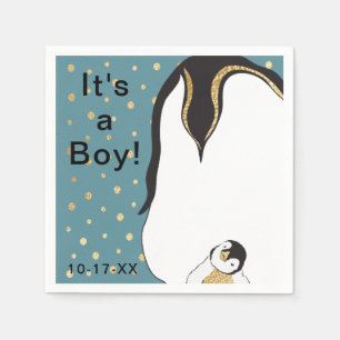 Baby Shower Standard Napkin "Gold/Blue Penguin"