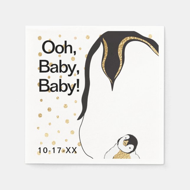 Baby Shower Standard Napkin "Gold Penguin" (Front)