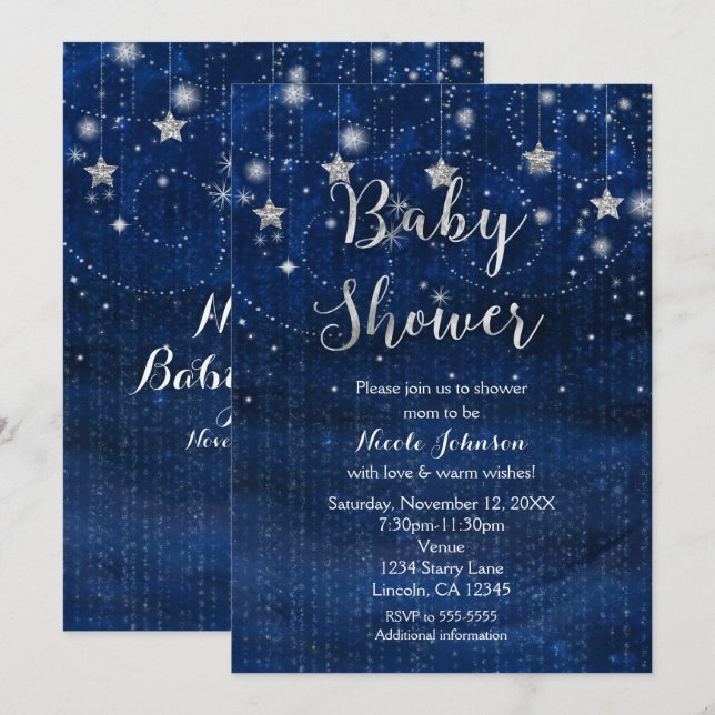 Baby Shower Starry Night Blue & Silver Invitation (Front/Back)