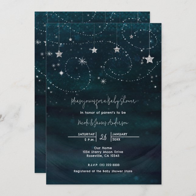 Baby Shower Starry Night Blue & Silver Invitation (Front/Back)