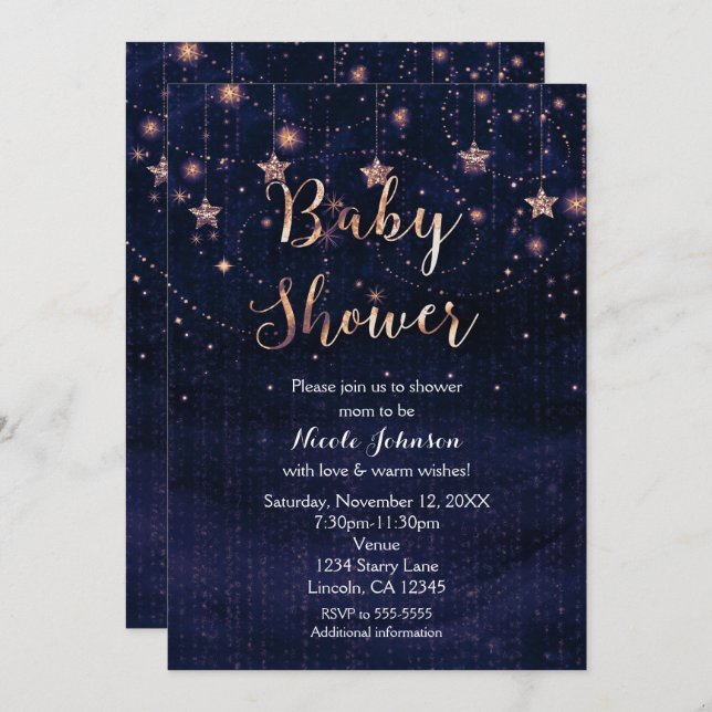 Baby Shower Starry Night Purple & Gold Invitation (Front/Back)