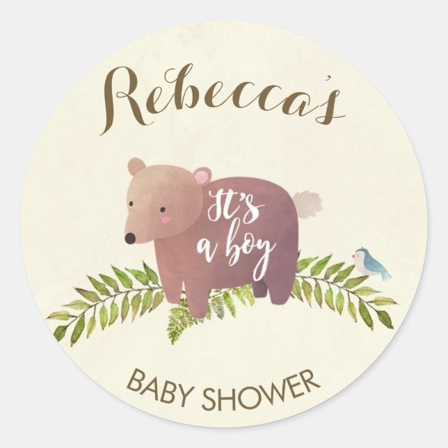 baby shower sticker woodland bear it's a boy (Front)
