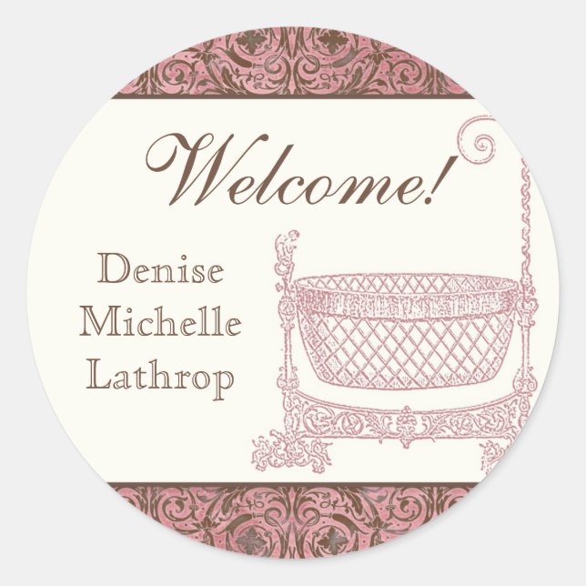 Baby Shower Stickers - Pink Brown Damask Cradle (Front)