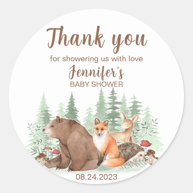 Baby shower stickers Woodland thank you stickers (Front)