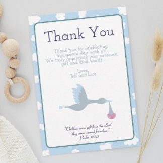 Baby Shower Stork Blue Sky Clouds and Bible Verse Thank You Card