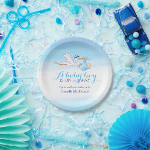 Baby Shower stork delivery baby boy art plate