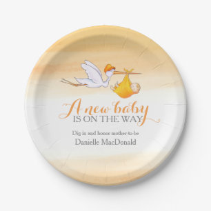 Baby Shower stork delivery new baby art plate