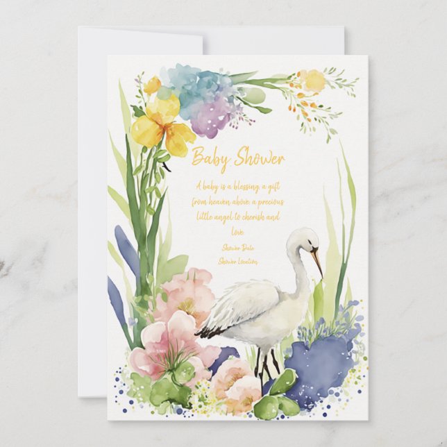 Baby Shower Stork Flower Invitation Cards (Front)