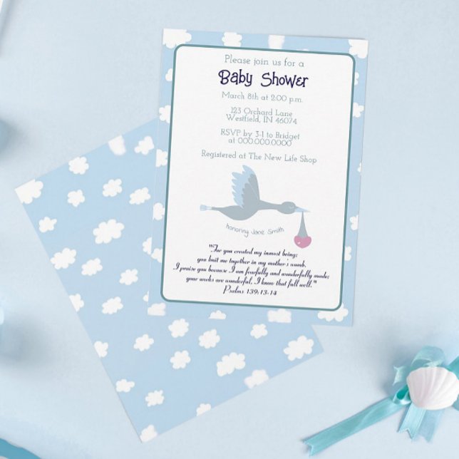 Baby Shower Stork Invitation Blue Sky Bible Verse (Creator Uploaded)