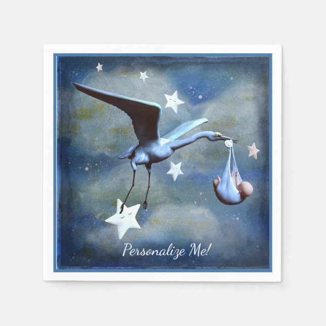 Baby Shower Stork & Newborn Blue Boy Personalised Napkin (Front)