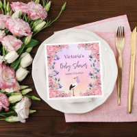 Baby shower stork pink purple flowers girl