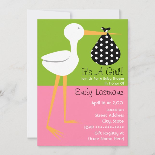 Baby Shower - Stork With Polka Dot Bundle Invitation (Front)