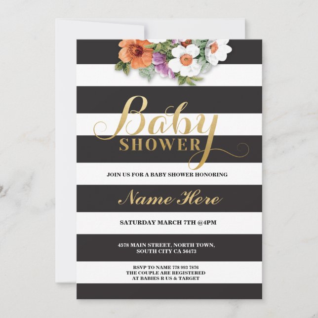 Baby Shower Stripe Gold Glitter Girl Floral Invite (Front)