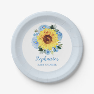 Baby Shower Sunflower Dusty Blue Floral Paper Plate