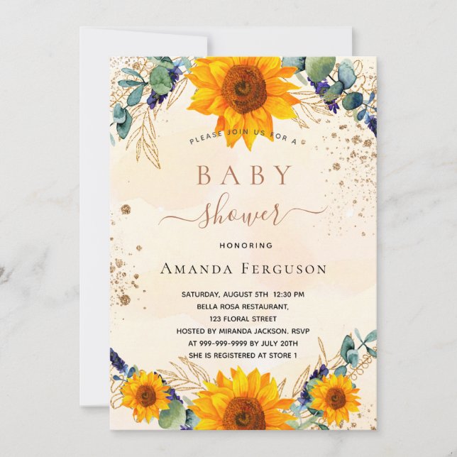 Baby Shower sunflower eucalyptus glitter Invitation (Front)